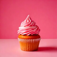 Poster - A cupcake with pink frosting sits on a pink background, with a slightly darker pink cupcake liner visible beneath