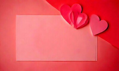 Aufkleber - Three pink paper hearts are arranged diagonally on a pink background, with a blank white paper card in the center