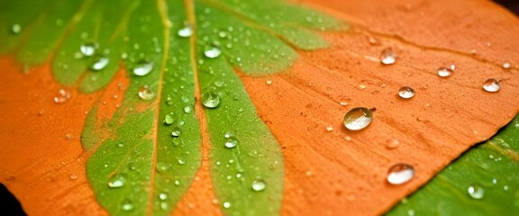 Leinwandbilder - Dew-covered leaves on a brown surface