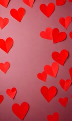 Aufkleber - A collection of red paper hearts scattered across a pink background