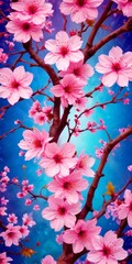 Poster - A close-up view cherry blossom tree in full bloom, with pink flowers in various stages of opening against a blue background