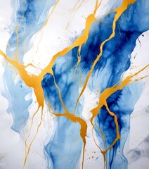 Fototapete - an abstract painting with blue and gold hues, depicting a dynamic and fluid composition The painting is characterized by splashes of blue and gold, creating a sense of
