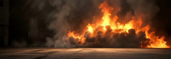 Aufkleber - A dramatic fire engulfs a building, with thick smoke billowing into the night sky
