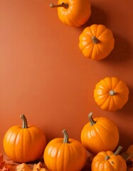 Aufkleber - Six vibrant orange pumpkins are arranged in a diagonal line against a warm orange background, with fallen orange leaves scattered around