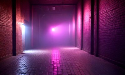 Leinwandbilder - A dimly lit alleyway with brick walls and a single light source casting a purple glow, creating a mysterious and atmospheric scene