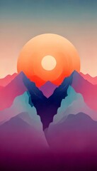 Aufkleber - a serene mountain landscape at sunset, with a large sun in the center and mountains in various shades of purple, pink, and blue surrounding it