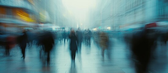 Wall Mural - Abstract motion blur of people walking in a city street with tall buildings on each side.