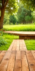 Poster - A wooden walkway leads through a lush, verdant garden, with a large tree and distant trees framing the scene