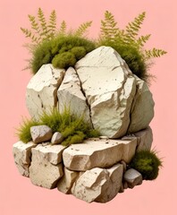 Poster - a large, white rock formation with green plants growing on top, set against a pink background
