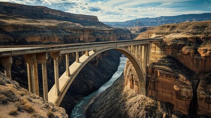 A curved concrete bridge, elegantly arching over a deep, narrow river canyon, surrounded by rugged cliffs