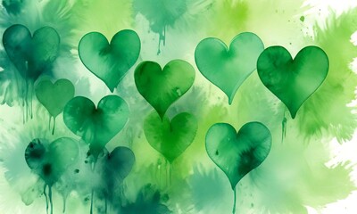 Aufkleber - Nine green hearts of varying sizes are scattered across a watercolor background, creating a sense of depth and dimension