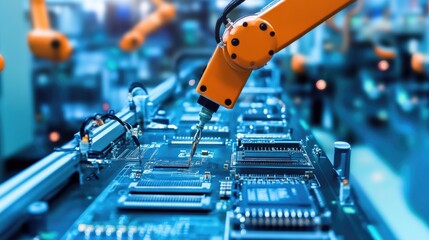 Poster - A high-tech manufacturing facility producing electronics, with circuit boards being assembled by automated machines. -
