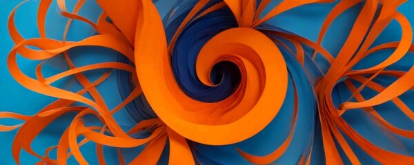 Poster - a spiral pattern composed of orange and blue paper strips, creating a dynamic and abstract visual effect