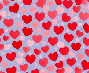 Poster - A repeating pattern of pink and red hearts on a light blue background