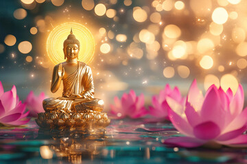 A golden Buddha with colorul halo chakra with a glowing light background