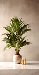 Poster - A lush palm plant in a white vase with a gold base sits on a white marble countertop, accompanied by two small gold bottles