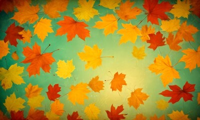 Poster - A vibrant display of autumn leaves in various shades of orange, yellow, and red, scattered across a turquoise background