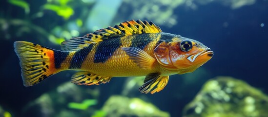 A vibrant, yellow, black, and orange fish with orange fins swims against a blue background.