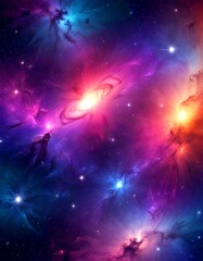 Poster - a vibrant cosmic scene, featuring a swirling galaxy with a bright center and a multitude of smaller stars scattered throughout the dark blue and purple background