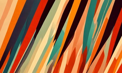 Poster - a vibrant abstract composition of intersecting diagonal lines in various shades of orange, yellow, green, and blue, creating a dynamic and visually striking pattern