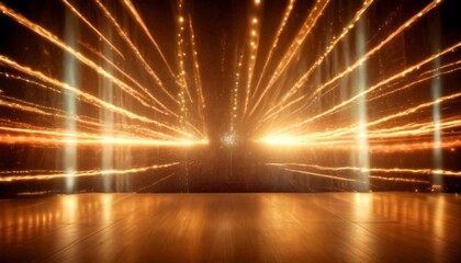 Leinwandbilder - a stage with a wooden floor and a backdrop dark background, illuminated by a series of bright, white lights arranged in a radial pattern
