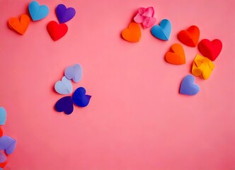 Aufkleber - A collection of colorful paper hearts in various shades of pink, blue, purple, and orange are scattered across a pink background