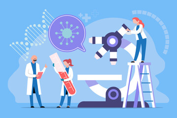 Illustration of medical researchers with a microscope and test tubes studying a virus structure for vaccine development.