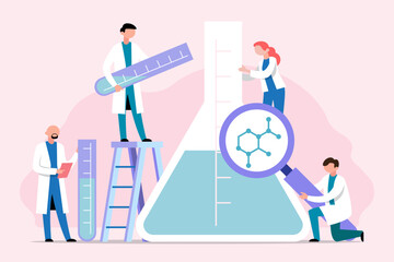 diverse team of scientists working together on a giant test tube experiment, symbolizing teamwork in research. vector illustration.