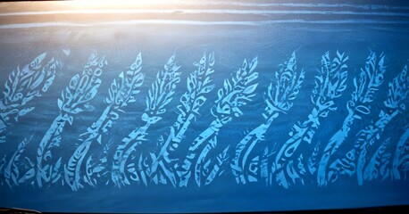 Poster - a close-up view frosted glass surface with a repeating pattern of stylized floral or leaf-like designs in shades of blue and white