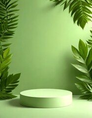 Leinwandbilder - A round, light green podium stands against a green wall, flanked by tropical leaves on either side