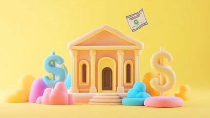 Wall Mural - A cartoon bank building with dollar symbols and a bill flying above it, on a yellow background.