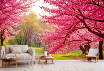 Poster - A serene outdoor patio scene is set against a backdrop of cherry blossom trees in full bloom, their pink flowers cascading down and creating a canopy over the area The