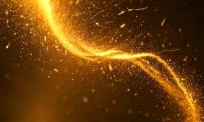 Poster - a dynamic scene of golden particles swirling and dancing in a dark background, creating a sense of movement and energy