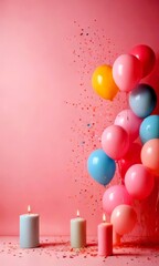 Poster - A bouquet of colorful balloons, including pink, blue, and yellow, is surrounded by lit candles and confetti on a pink background