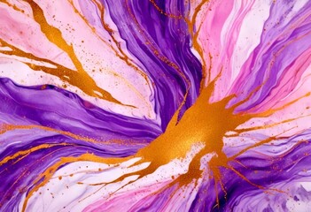 Poster - a vibrant abstract painting with a swirling pattern of purple and pink hues, accented by gold splashes and drips The central focus is a large gold blob, surrounded by