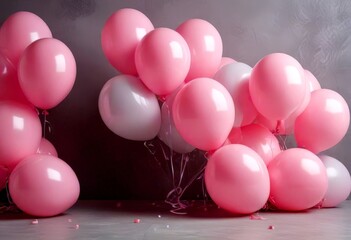 Aufkleber - A cluster of pink and white balloons, tied together with ribbons, is arranged against a gray background