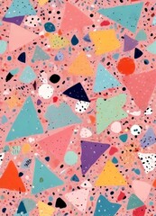 Poster - a vibrant and abstract pattern composed of various geometric shapes, including triangles, rectangles, and circles, in a range of pastel colors such as pink, blue, green,