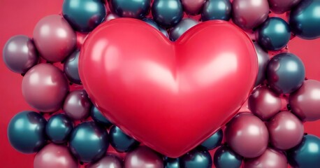 Aufkleber - A large pink heart-shaped balloon is surrounded by smaller balloons in shades of blue and pink, creating a festive and celebratory scene