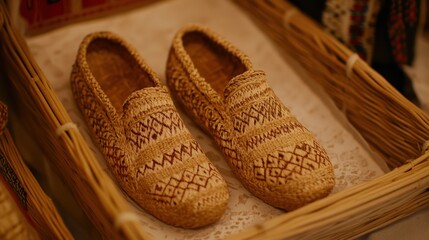 Wall Mural - Close-up of intricate woven lapti shoes for spring cultural display