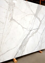 Aufkleber - A large, white marble slab with a distinctive pattern of gray and white veins, displayed on wooden stands