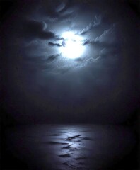 Aufkleber - A full moon shines brightly against a dark, cloudy night sky, casting a serene glow over a calm body of water below