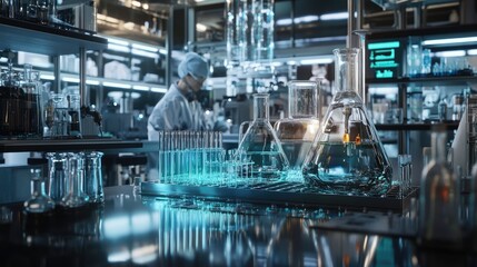 Poster - A medical research lab where scientists are working on innovative treatments, with test tubes, flasks, and advanced medical devices in use.