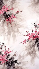Aufkleber - a floral pattern with pink cherry blossoms and black branches against a light gray background