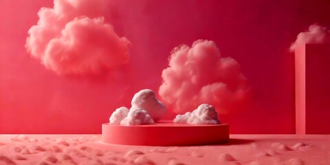Poster - A pink platform with white clouds sits on a pink surface, surrounded by a pink background with a pink building and a pink wall