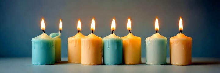 Fototapete - A row of seven candles in various colors (blue, white, and yellow) is lit, creating a warm and inviting atmosphere against a light blue background