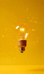 Poster - A single light bulb, glowing with a warm yellow light, is suspended in mid-air against a vibrant yellow background, creating a sense of depth and movement
