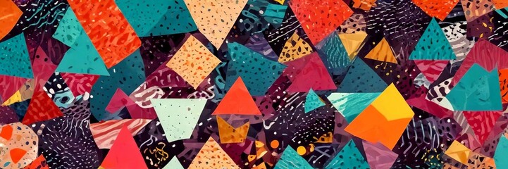 Fototapete - a vibrant collage of overlapping triangles in various colors and patterns, creating a visually striking and abstract composition