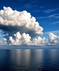 Poster - A serene vast body of water with a clear blue sky and fluffy white clouds, creating a tranquil and picturesque scene