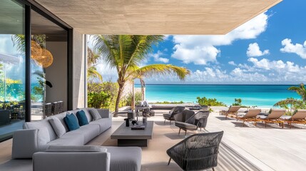 Wall Mural - A luxurious beachfront villa with panoramic ocean views, featuring a sleek patio lounge with modern furniture, creating the perfect seaside escape