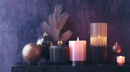 Stylish black and gold Christmas ornaments sit alongside lit candles in a modern, moody setting, creating a warm yet sophisticated holiday atmosphere.